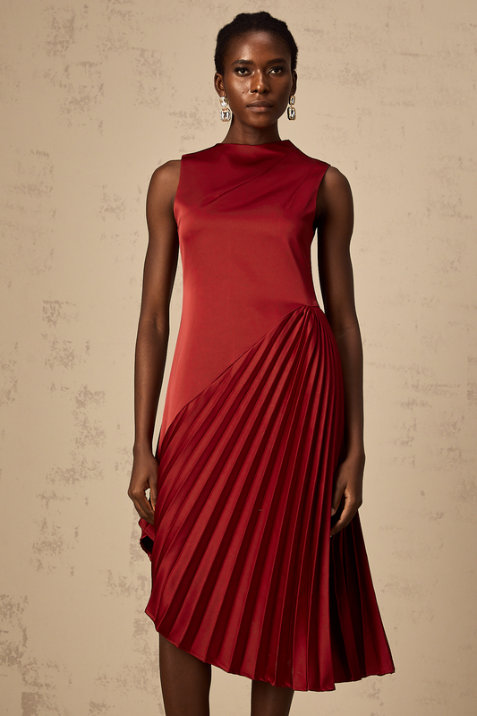 Merle wine red asymmetric pleated midi dress