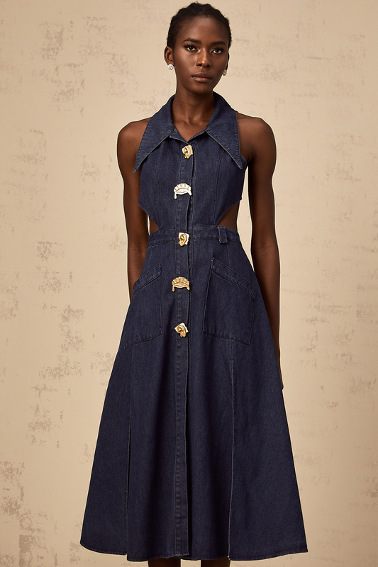 Flavie dark-blue cut-out denim midi dress