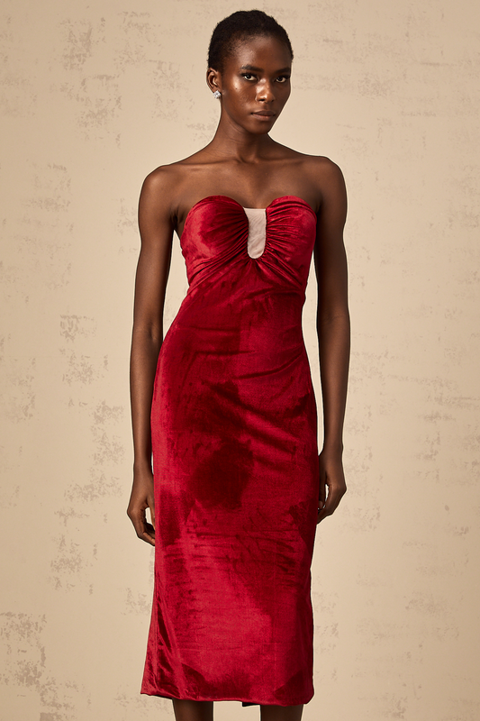 Tiphaine red gathered-detail velvet midi dress