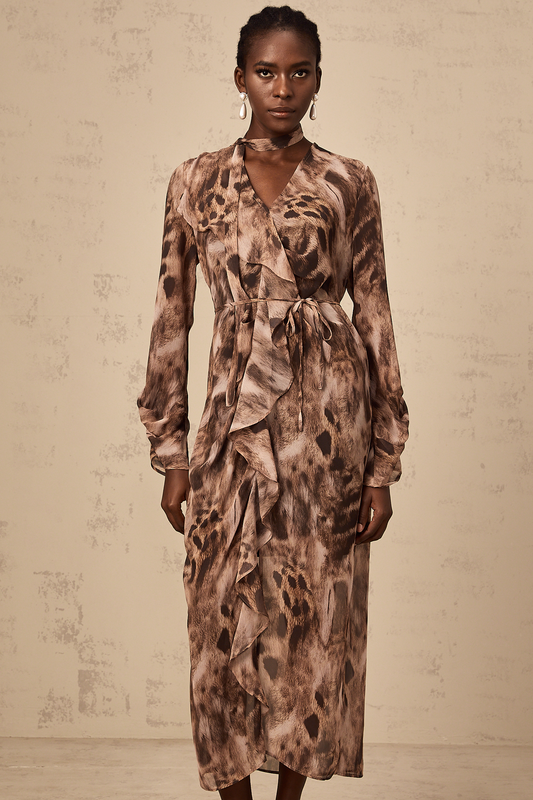 Sidonie brown ruffled leopard-print midi dress