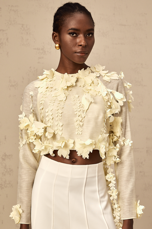 Rosalie light-yellow 3d-petal cropped blouse