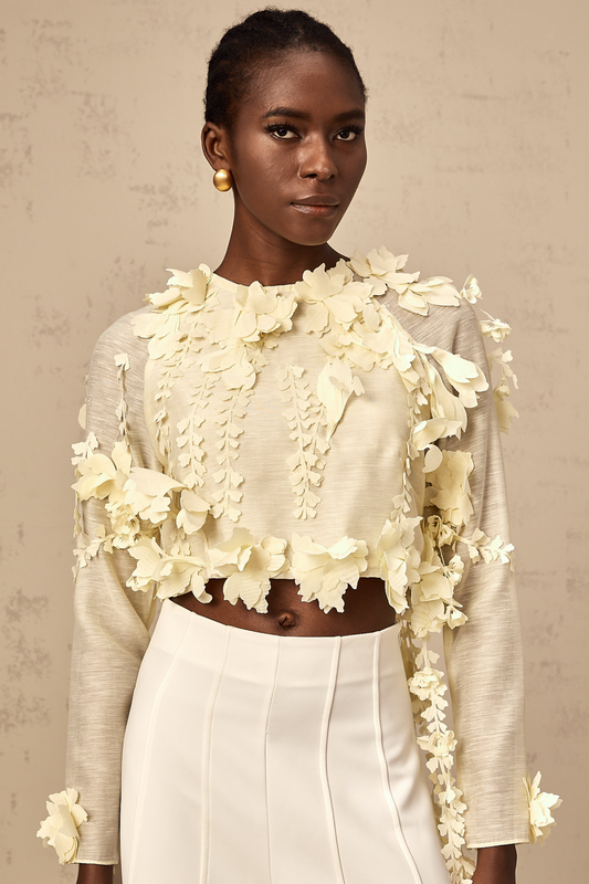 Rosalie light-yellow 3d-petal cropped blouse