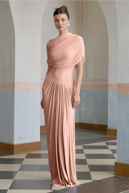 Catherine asymmetric pleated maxi dress in Pink