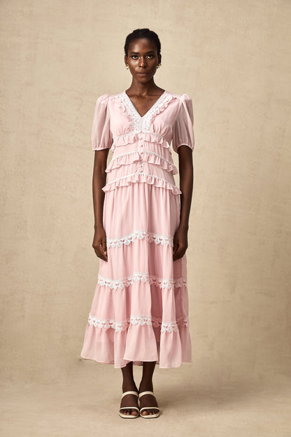 Amelie pink ruffled tiered midi dress