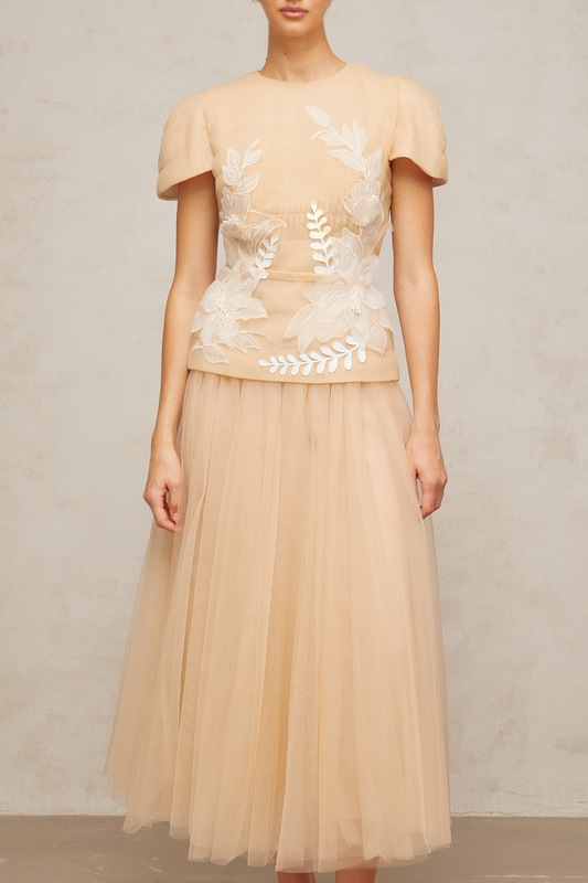 Ludivine floral-appliqué tulle top & skirt matching set