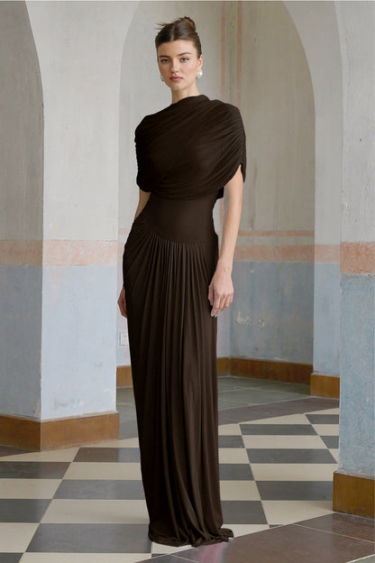 Catherine asymmetric pleated maxi dress in Brown