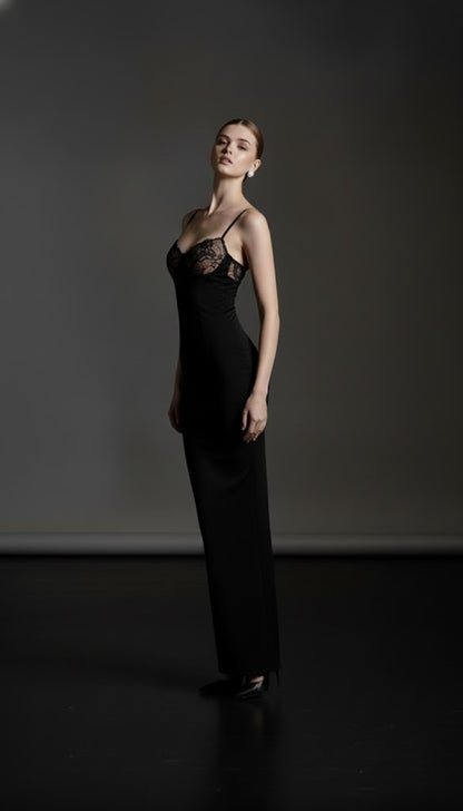 Aurelia Lace-Trim Backless Maxi Dress – Black