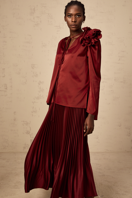 Colette flower-appliqué satin blouse & skirt matching set