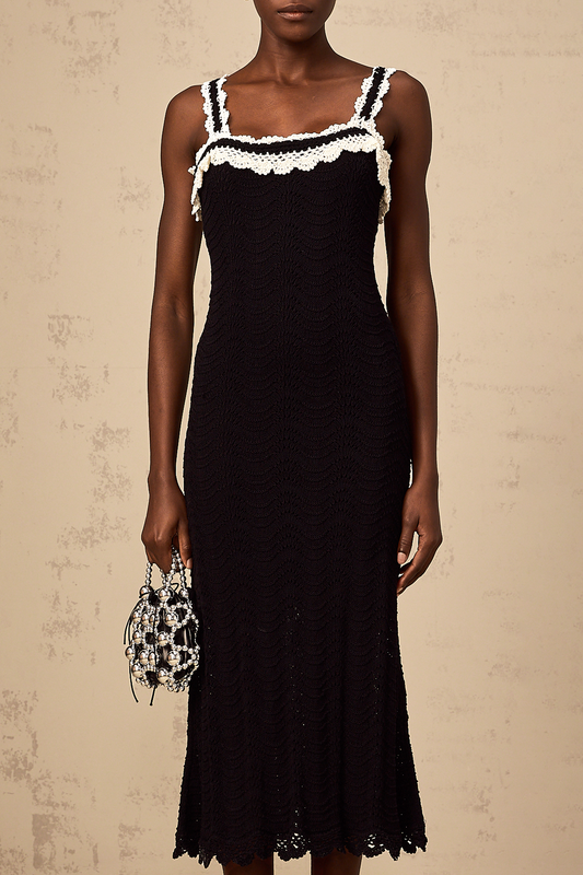 Noémie black sleeveless crochet-knit midi dress