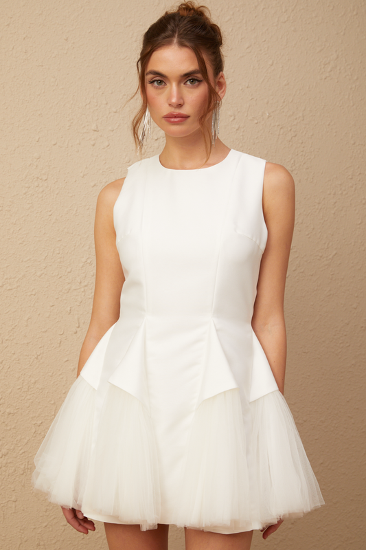 Assunta white puff tulle panelled mini dress (US Only)