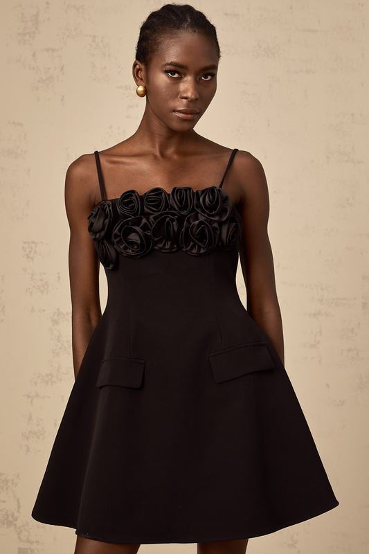 Mignon rose-appliqué flared mini dress in Black
