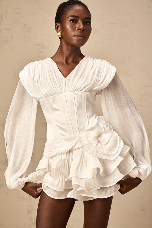 Rosie white fully-pleated cinched mini dress