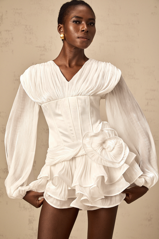 Rosie white fully-pleated cinched mini dress