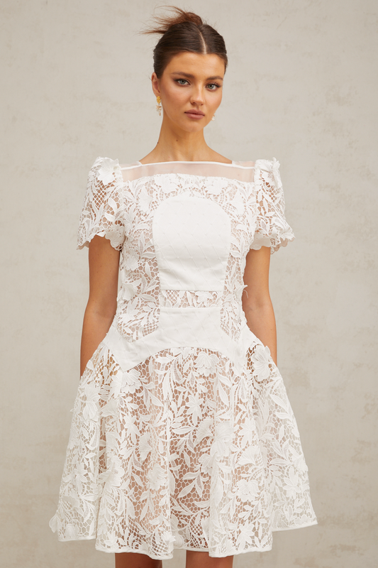 Josette white floral-lace puff mini dress