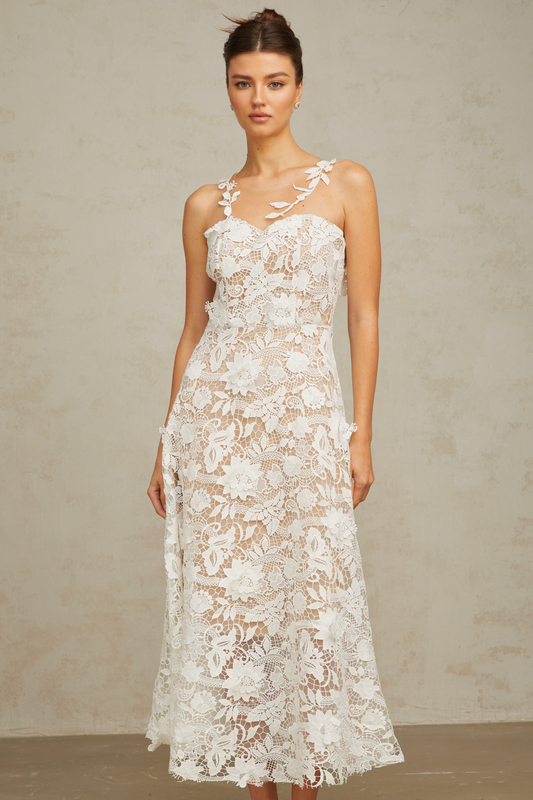 Carole white lace tulle-panelled midi dress