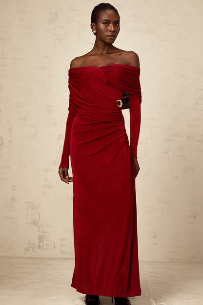 Hélène red ruched fitted velvet maxi dress