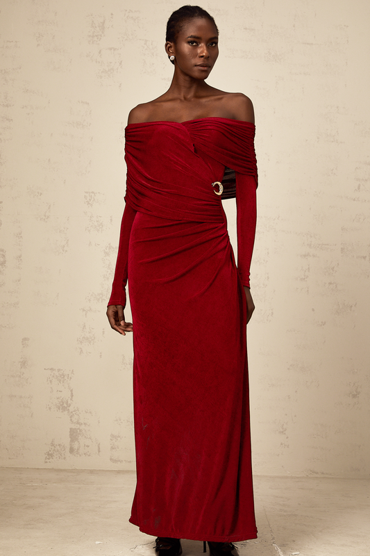 Hélène red ruched fitted velvet maxi dress