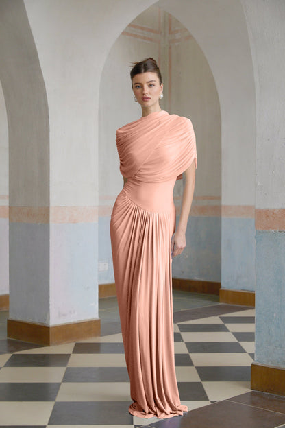 Catherine asymmetric pleated maxi dress in Pink