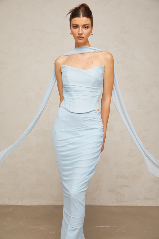 Léa blue ruched tulle top & skirt matching set