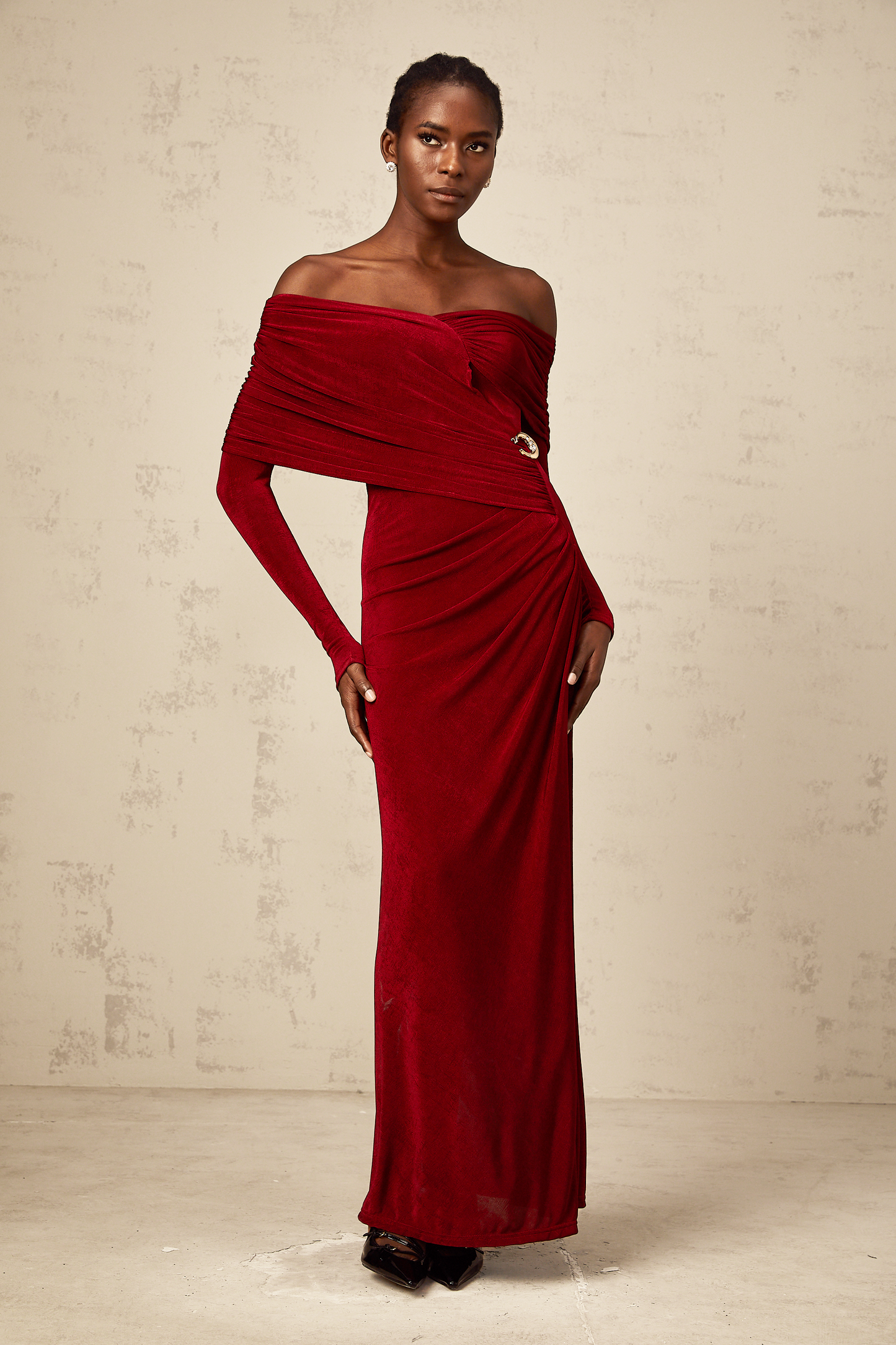 Hélène red ruched fitted velvet maxi dress