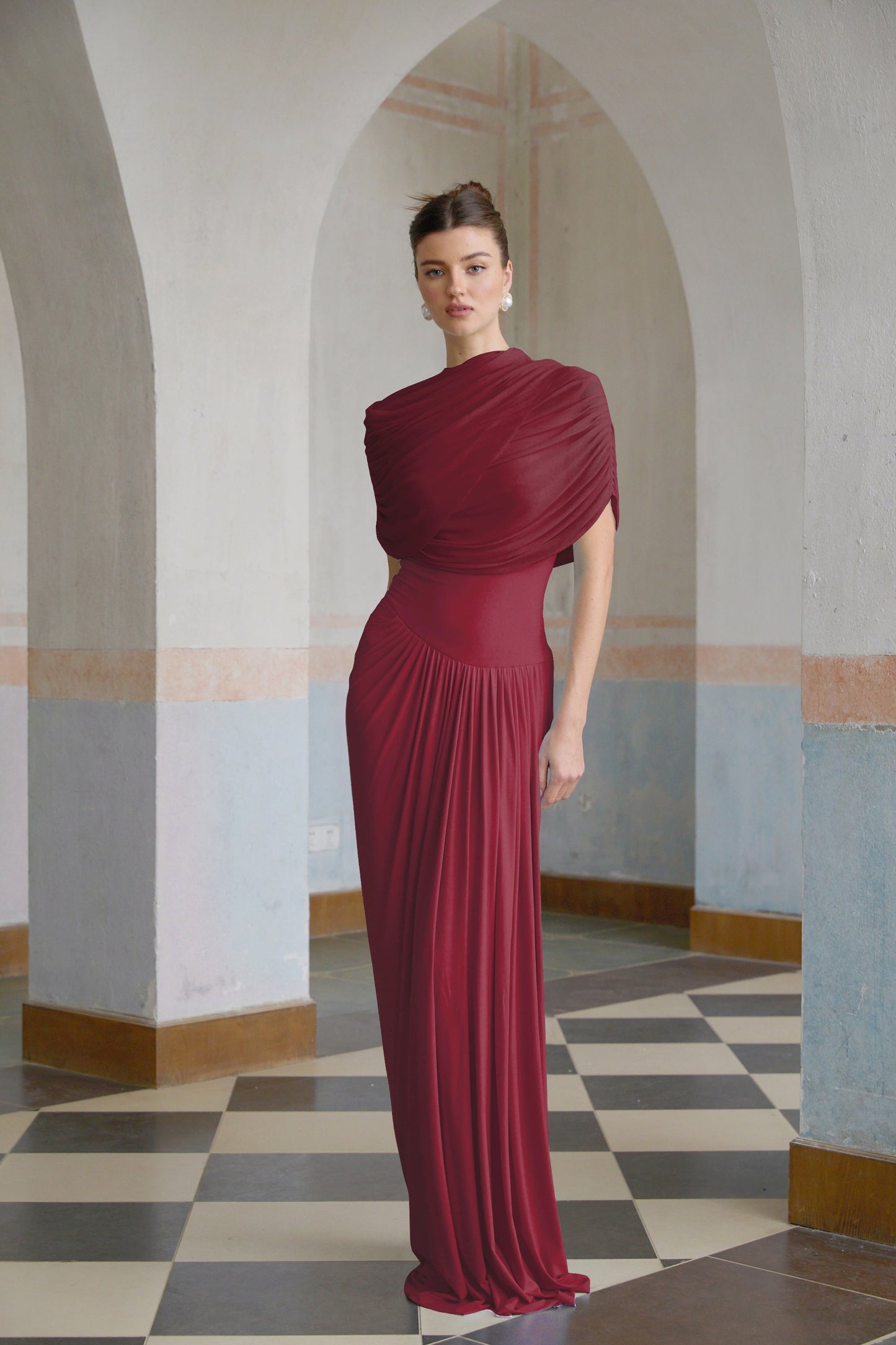 Catherine asymmetric pleated maxi dress in Red