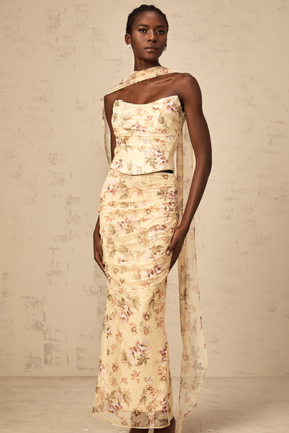 Alizée yellow floral-print fitted top & skirt matching set