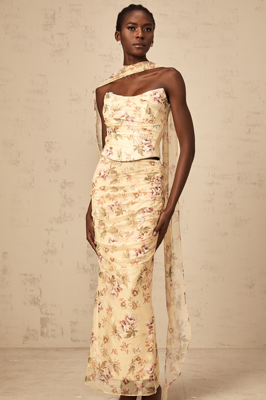 Alizée yellow floral-print fitted top & skirt matching set