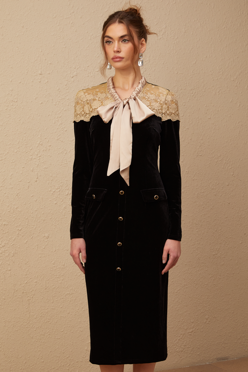 Noémie black tied-neck panelled midi dress (US Only)