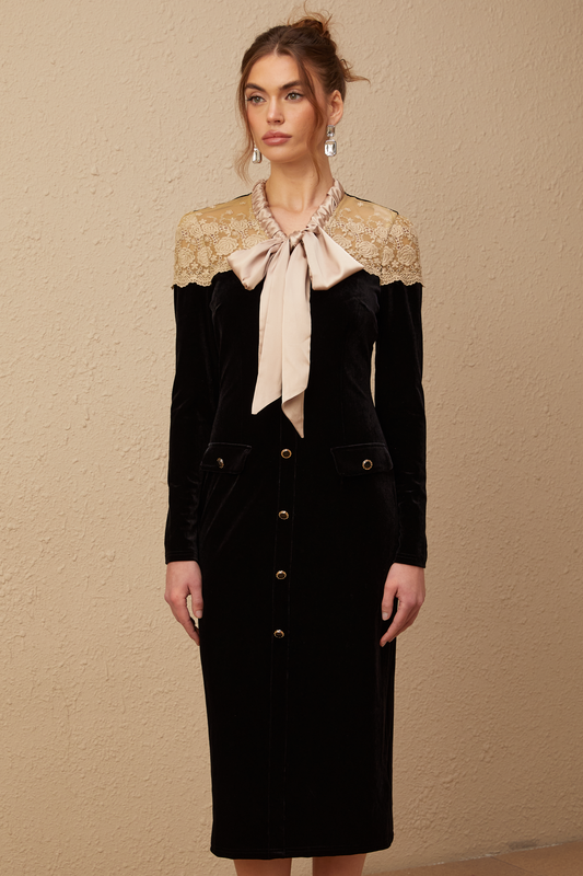 Noémie black tied-neck panelled midi dress (US Only)