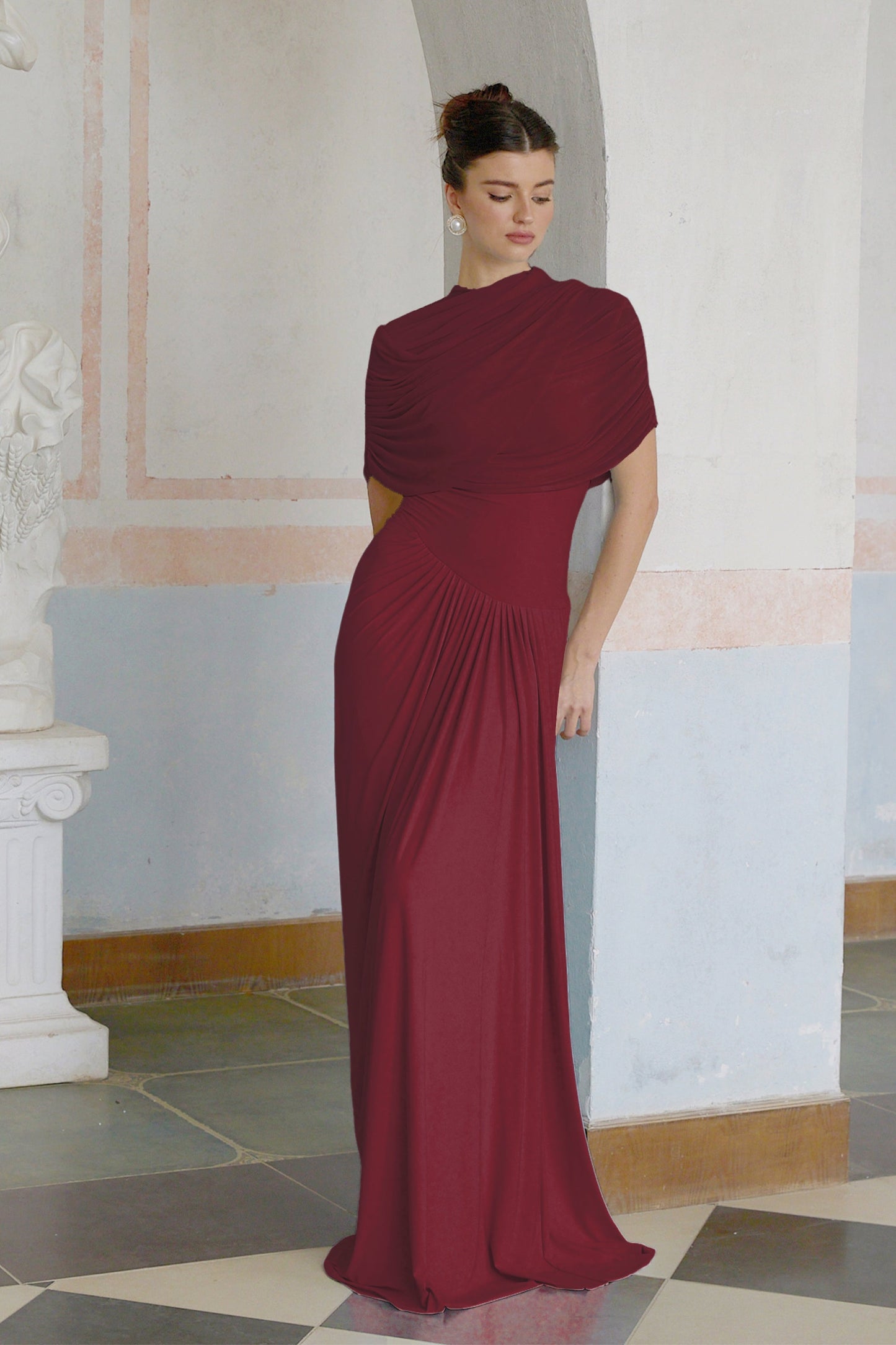 Catherine asymmetric pleated maxi dress in Red