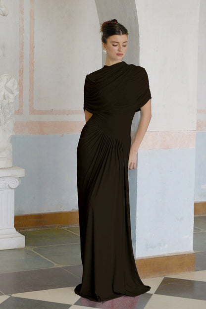Catherine asymmetric pleated maxi dress in Brown