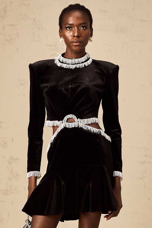 Daniela black cut-out fringed velvet mini dress