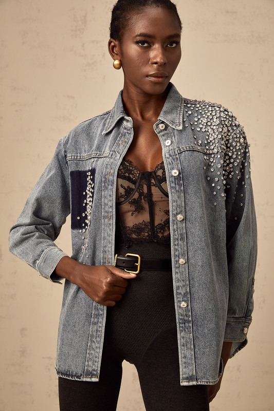 Ségolène blue rhinestone-embellished denim shirt