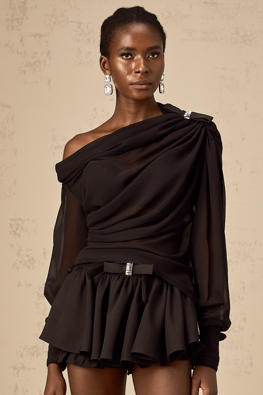 Andrea asymmetric tulle blouse & skirt matching set in Black