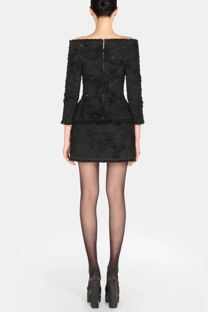 Arife Off Shoulder Bow Crystal Embellished Blazer Two Piece Set - Black