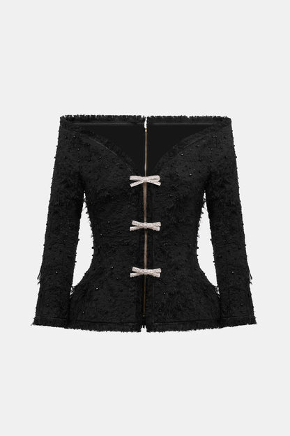 Arife Off Shoulder Bow Crystal Embellished Blazer Two Piece Set - Black