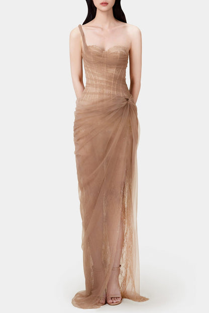 Inina Lace Corset One Shoulder Midi Dress - Brown