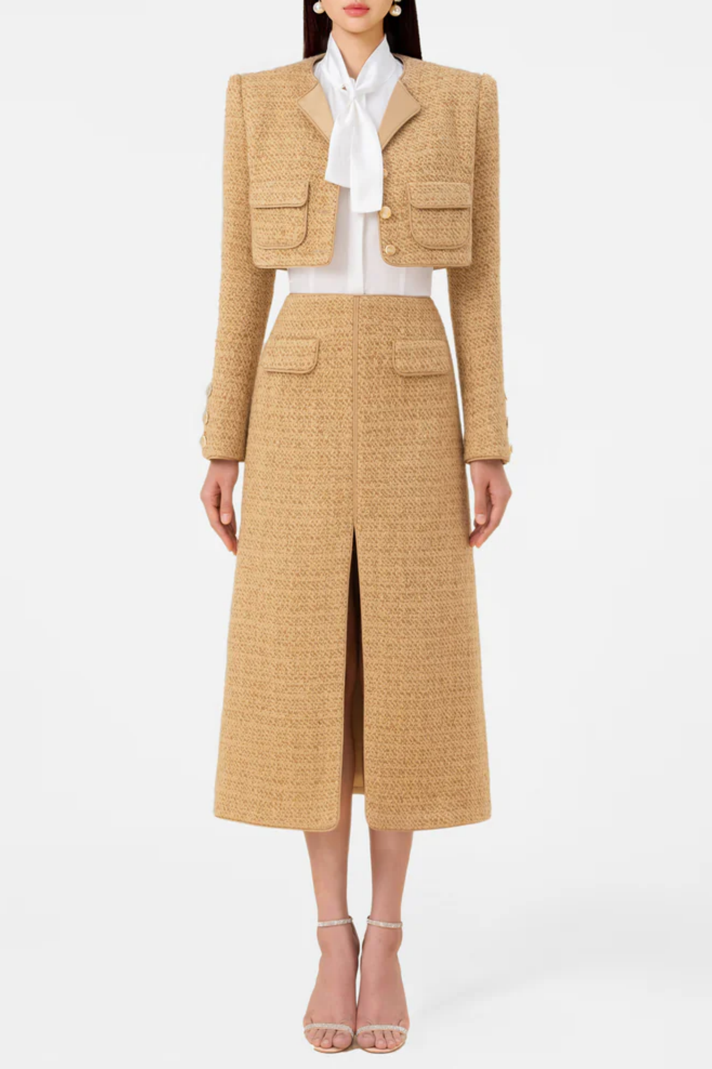 Bavat Tweed Blazer Two Piece Set - Gold
