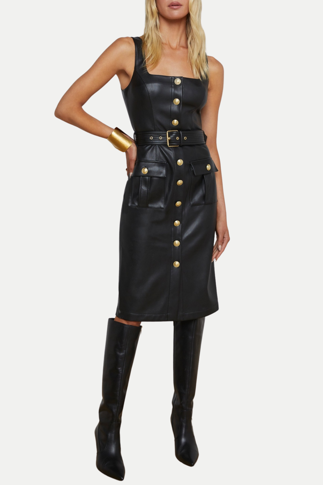 Braxas Buttoned Leather Tank Mini Dress