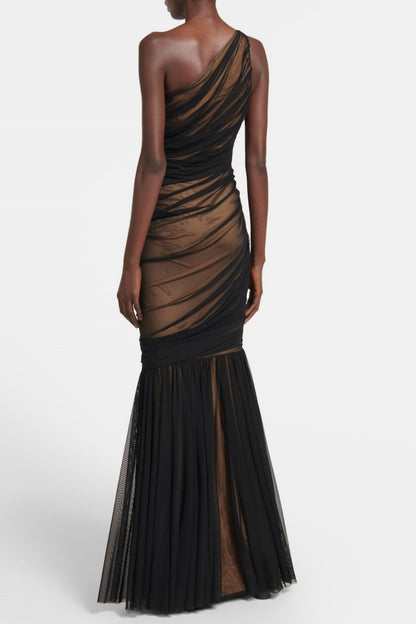 Cadhla One Shoulder Ruched Mesh Maxi Dress