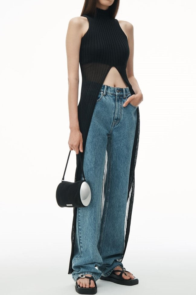 Carola Ribbed Cutaway Split Top - Black