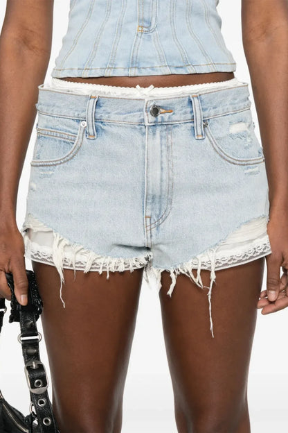 Chaeli Lace-layer Denim Shorts - Blue
