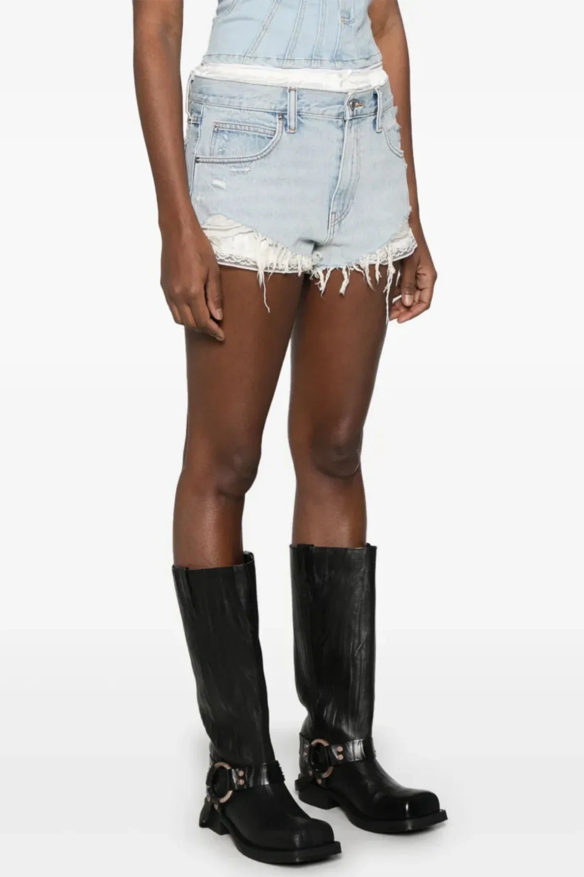 Chaeli Lace-layer Denim Shorts - Blue