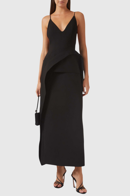 Chapera Asymmetrical Pleat Maxi Dress - Black