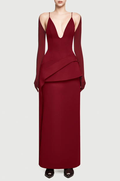 Chapera Asymmetrical Pleat Maxi Dress - Red