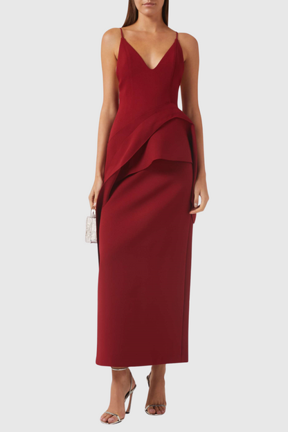 Chapera Asymmetrical Pleat Maxi Dress - Red