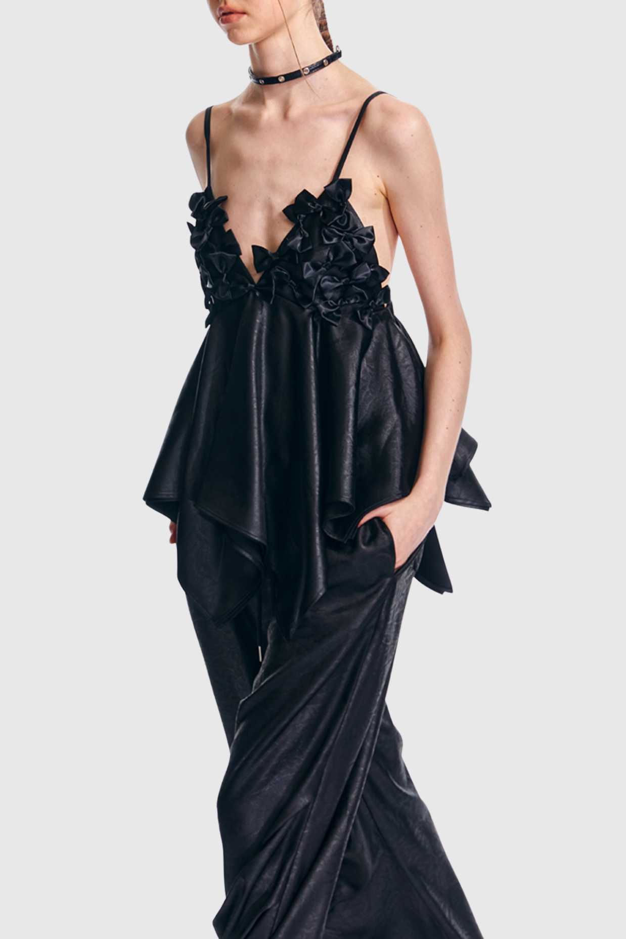 Calixto Bow Ruched Top - Black