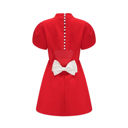 Anna red petal-sleeve cut-out bow mini dress (US Only)