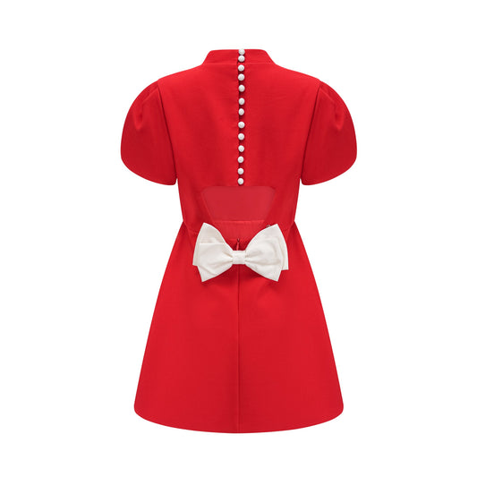 Anna red petal-sleeve cut-out bow mini dress (US Only)
