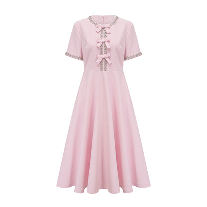 Cassi crystal-accented pink bow midi dress